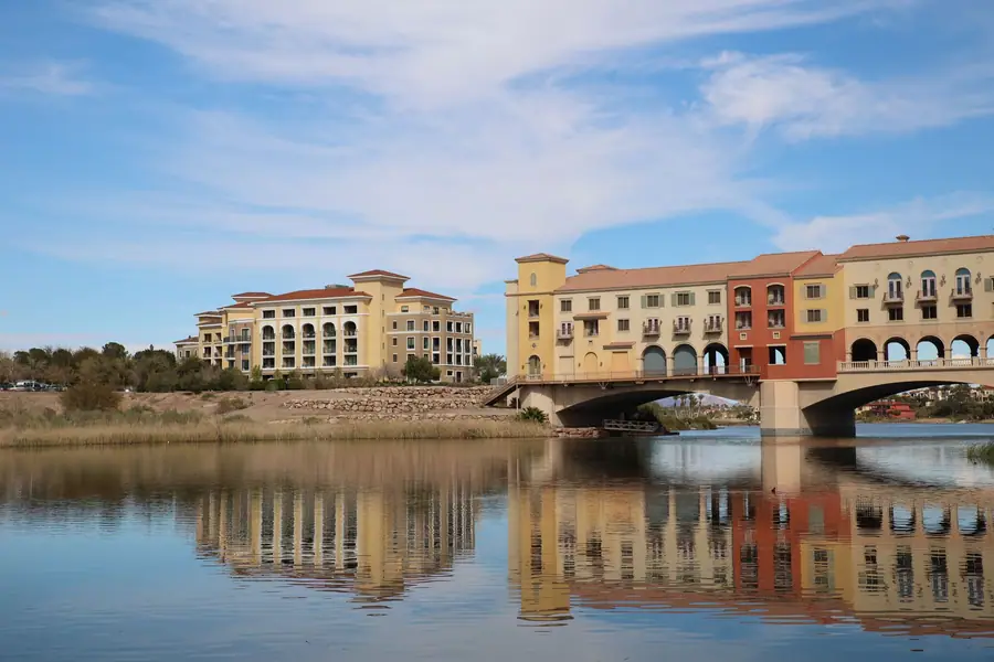 Lake Las Vegas in Henderson, the village buildings and bridge reflected in the water