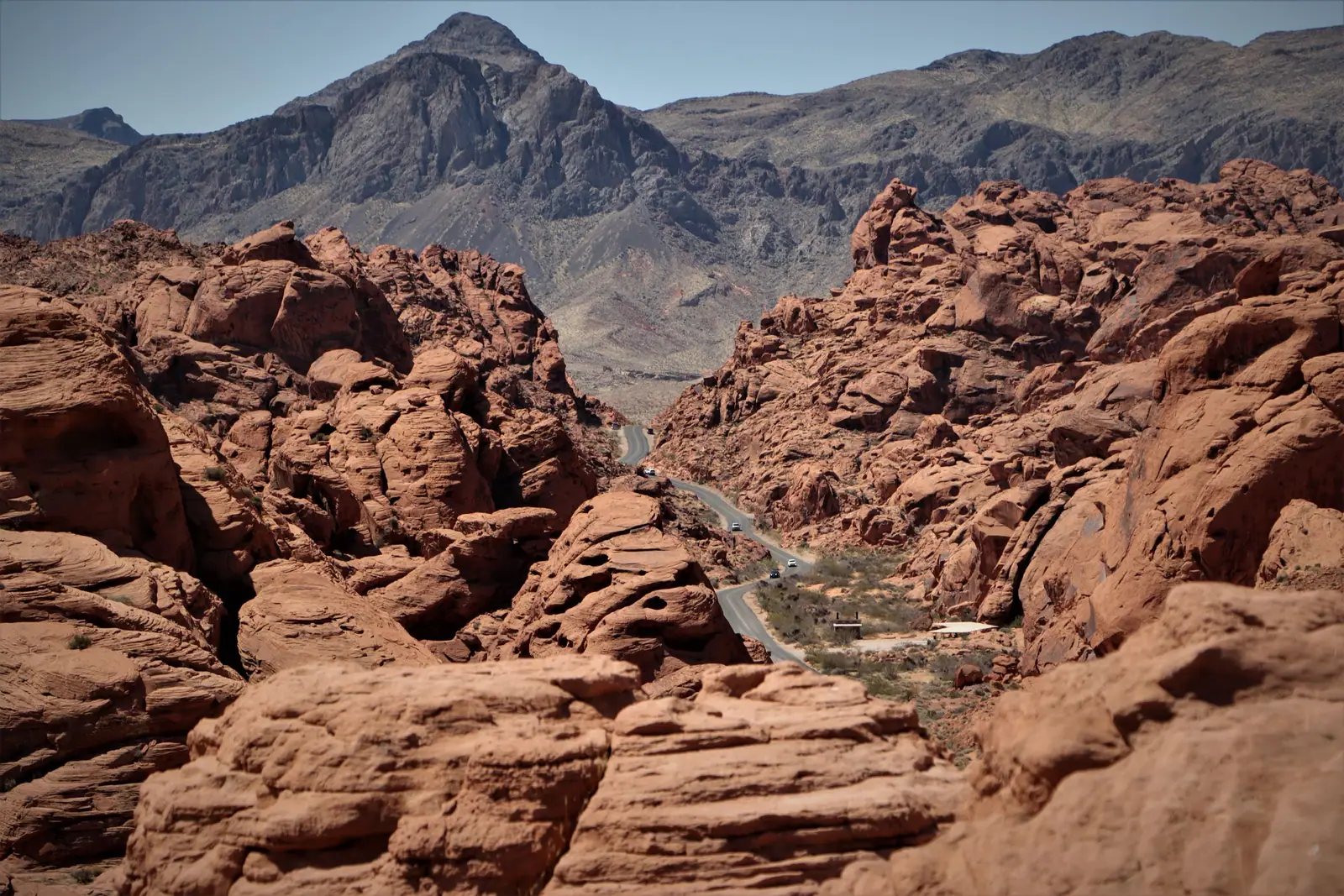 Red sandstone formations and desert mountains outside Las Vegas